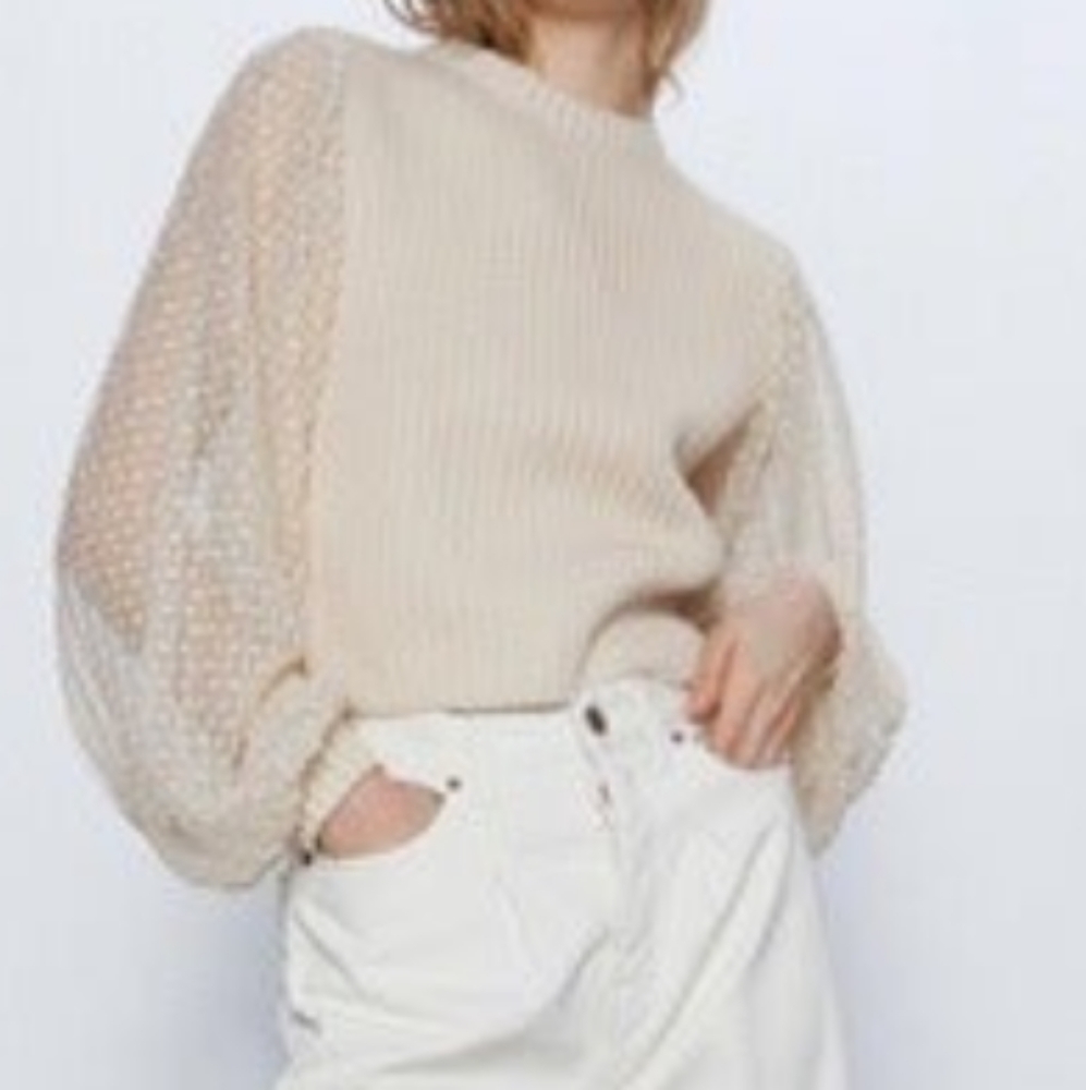 Zara Cream Sweater with Sheer Sleeves